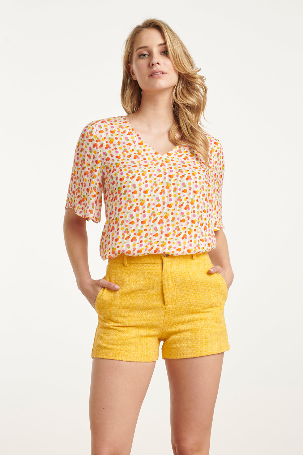 25010 V-Hals Top Met Polka Dot Print | White - Muticolour