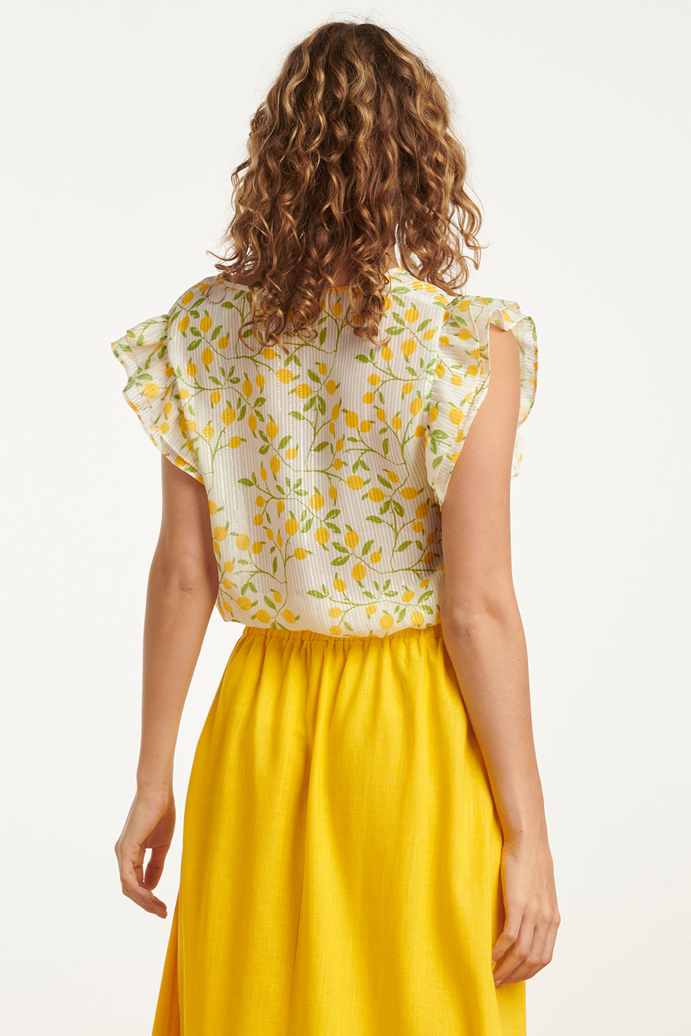 25012 Chiffon Top Met Frilly Mouwencitroenprint | White - Muticolour