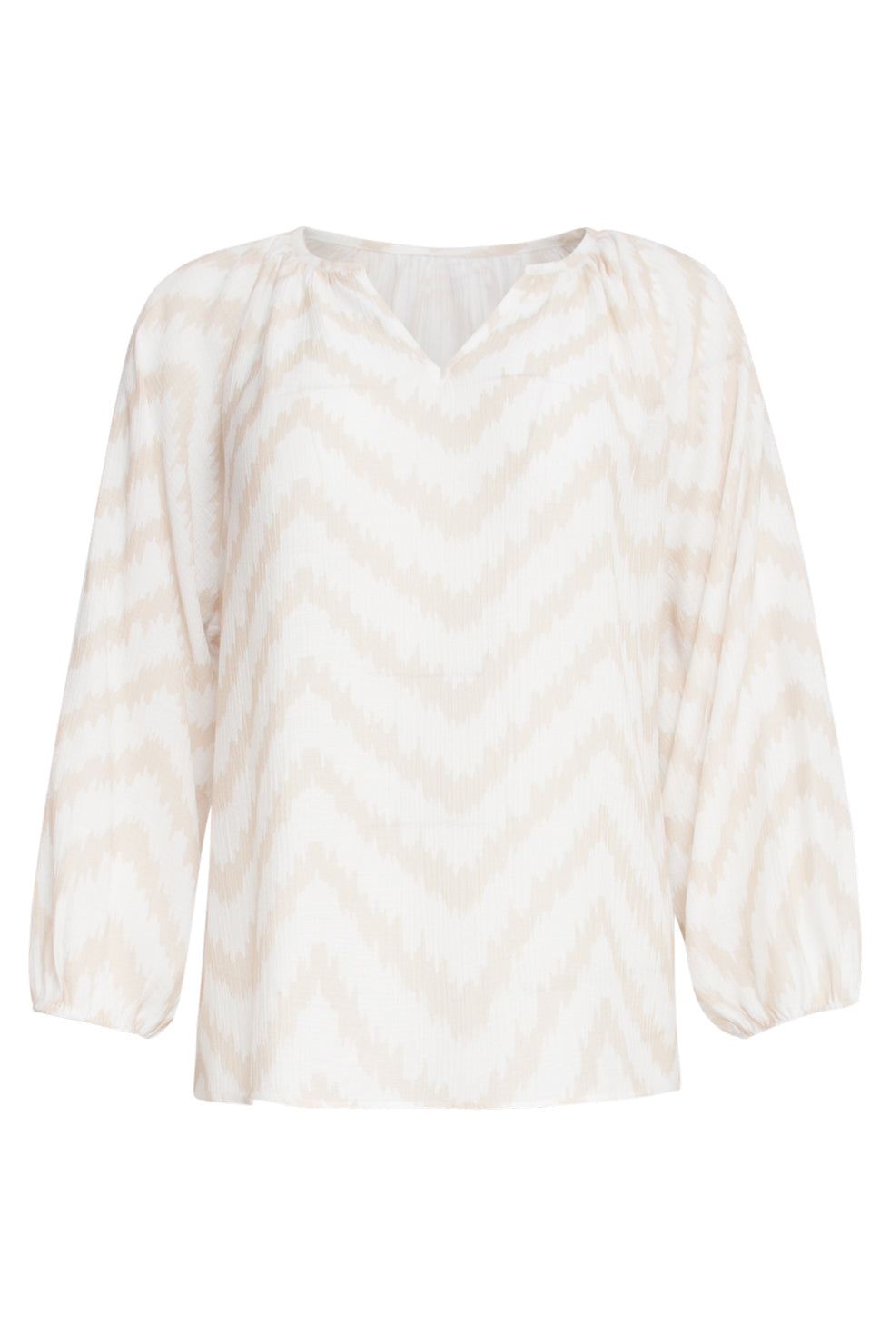 25013 Zachtevloeiende 3/4 Mouw Top Met Zigzag Print | Sand-Off White