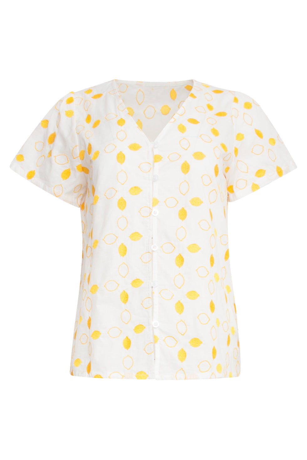 25016 Te Katoenen Blouse Met Citroen Borduursels | White - Yellow