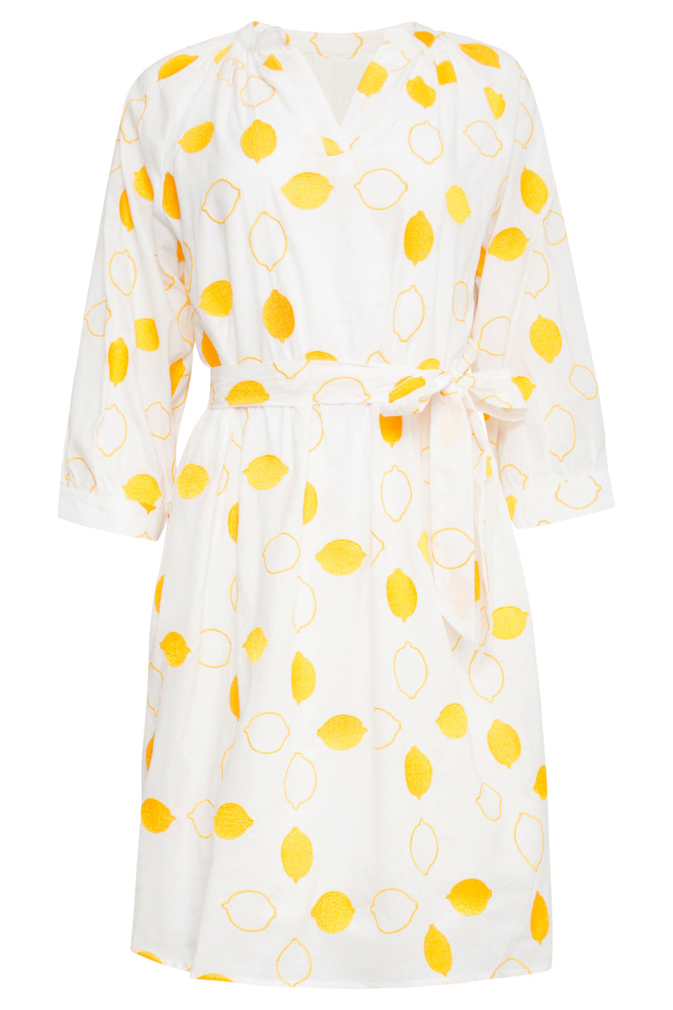 25017 Te Katoenen Jurk Met Citroen Borduursels3/4 Mouwen | White - Yellow
