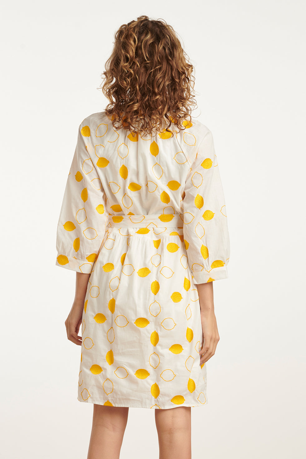 25017 Te Katoenen Jurk Met Citroen Borduursels3/4 Mouwen | White - Yellow