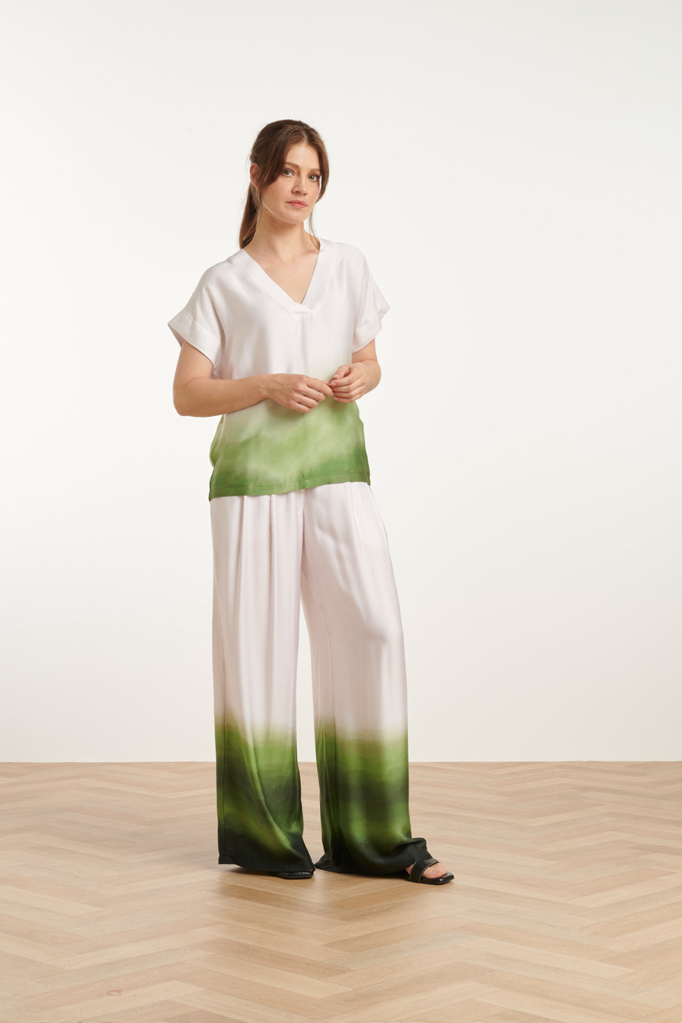 25019 Wide Leg Broekhelder Mauve Donker | Off White-Light Green
