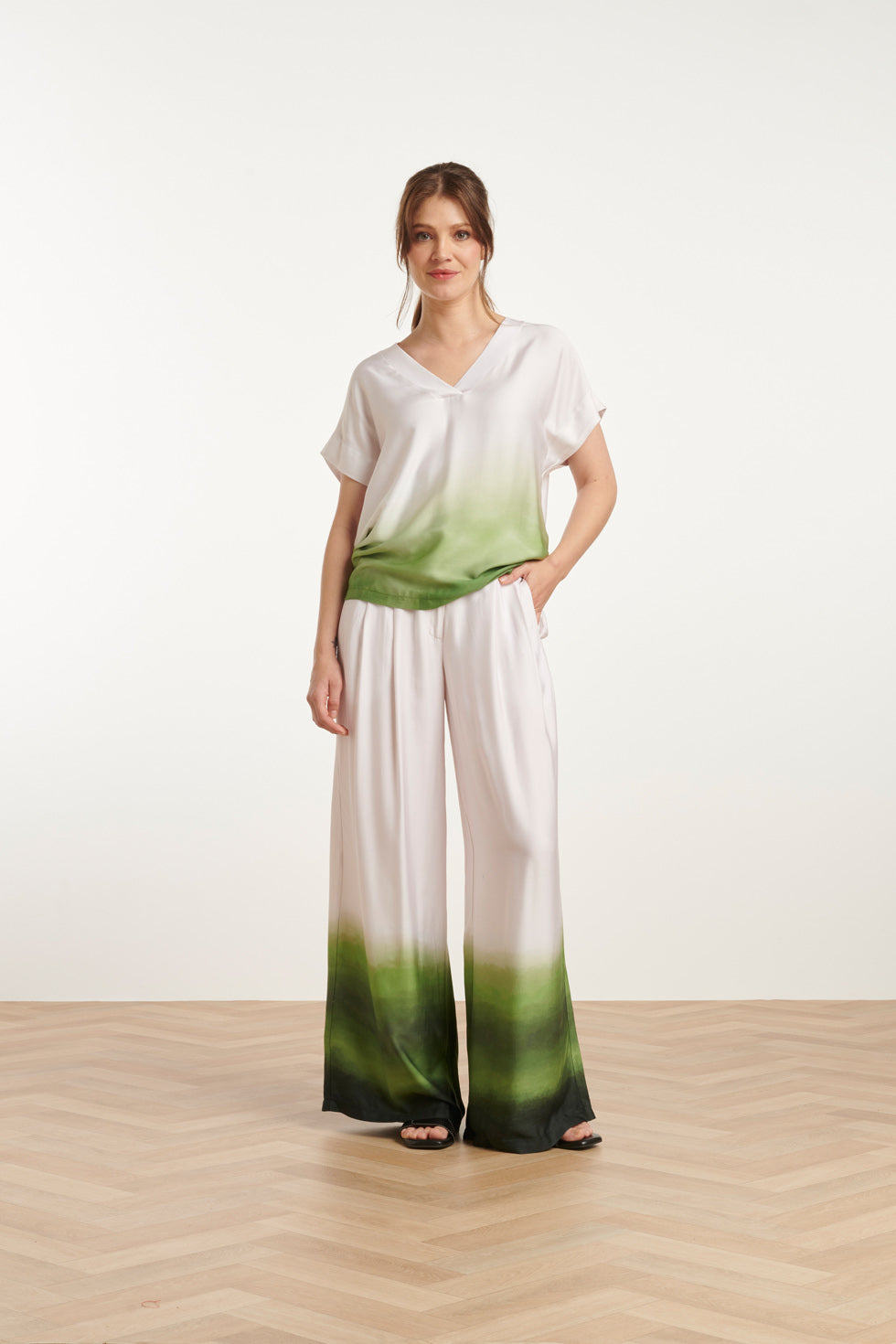25019 Wide Leg Broekhelder Mauve Donker | Off White - Light Green