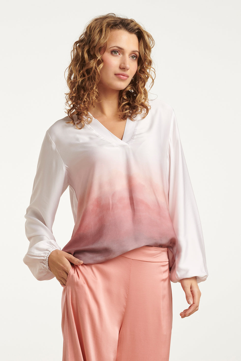 25020 Top Met Kraagvintage Mauve Ombre Print | Off White-Old Pink