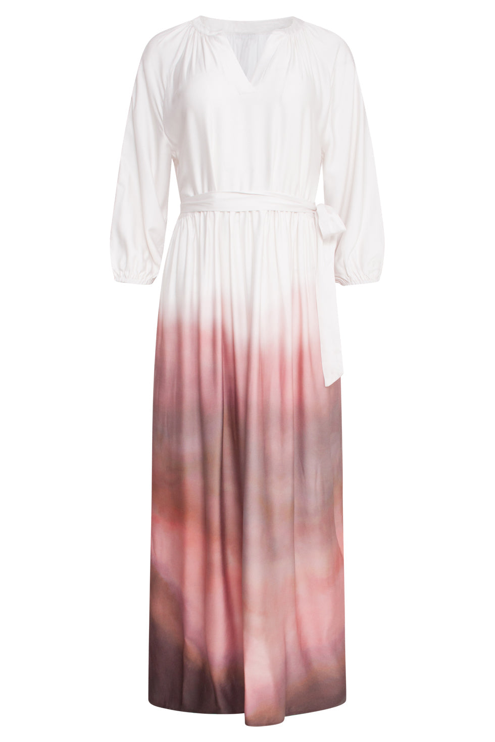 25021 Maxi Jurk Met Vintage Mauve Ombre Print | Off White-Old Pink