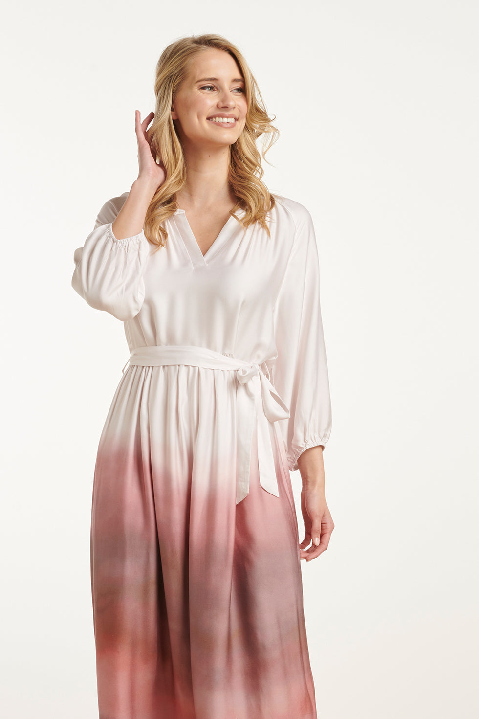 25021 Maxi Jurk Met Vintage Mauve Ombre Print | Off White-Old Pink