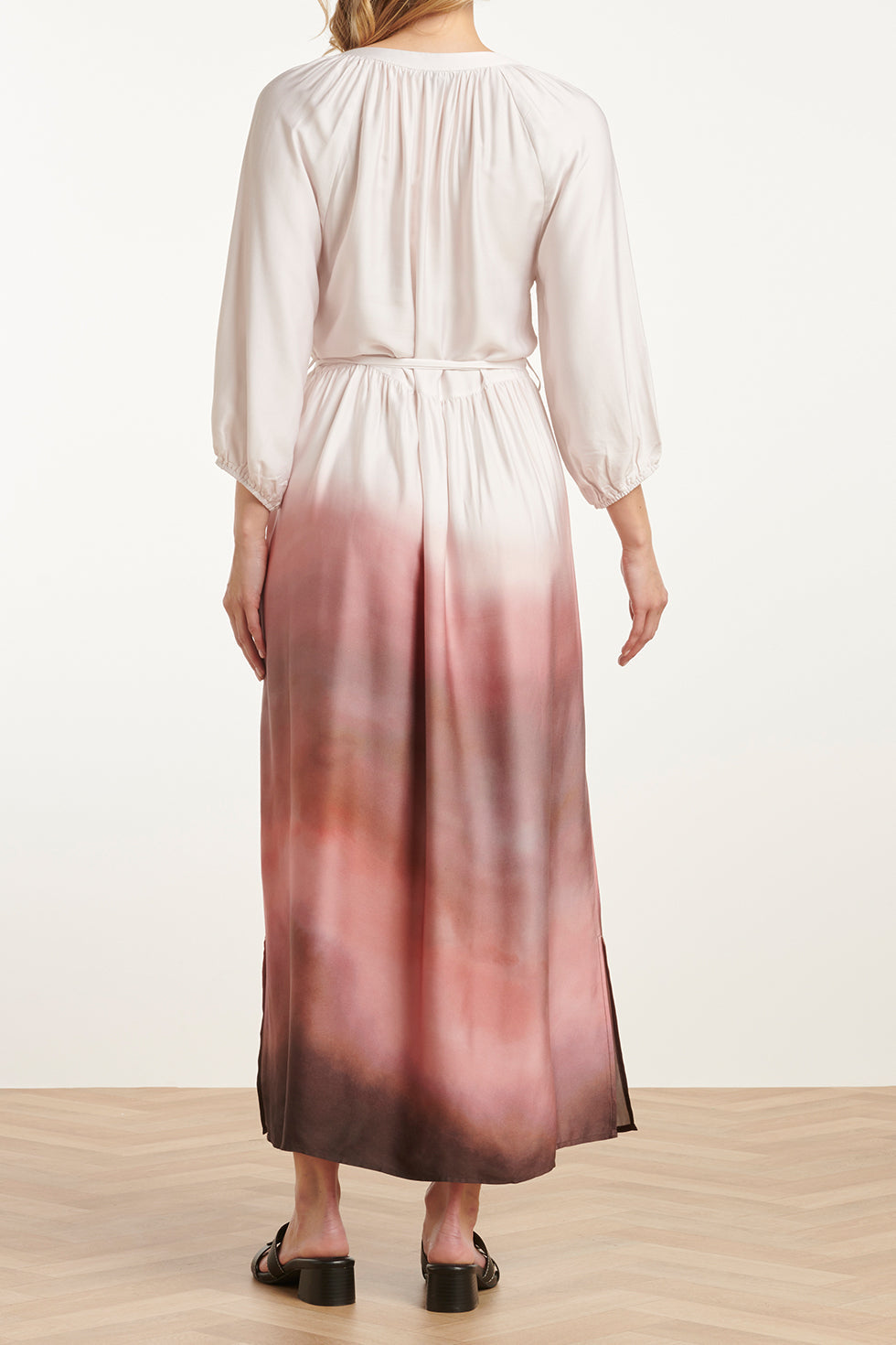 25021 Maxi Jurk Met Vintage Mauve Ombre Print | Off White-Old Pink