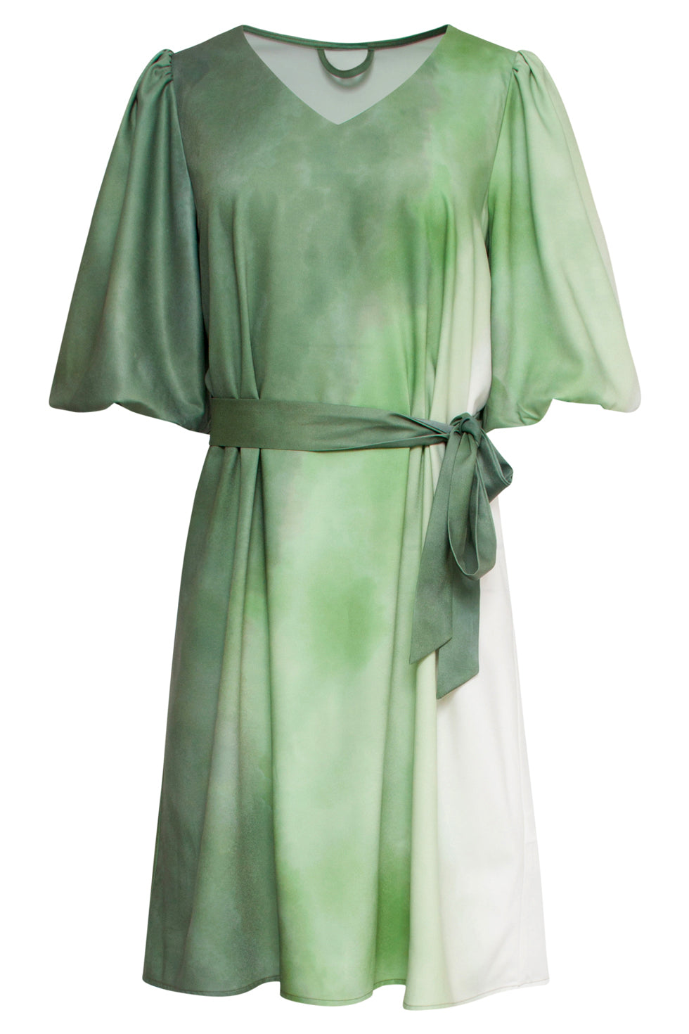 25022 V-Vormige Jurk Met Ballonmouwen Ombre Print | Off White-Light Green