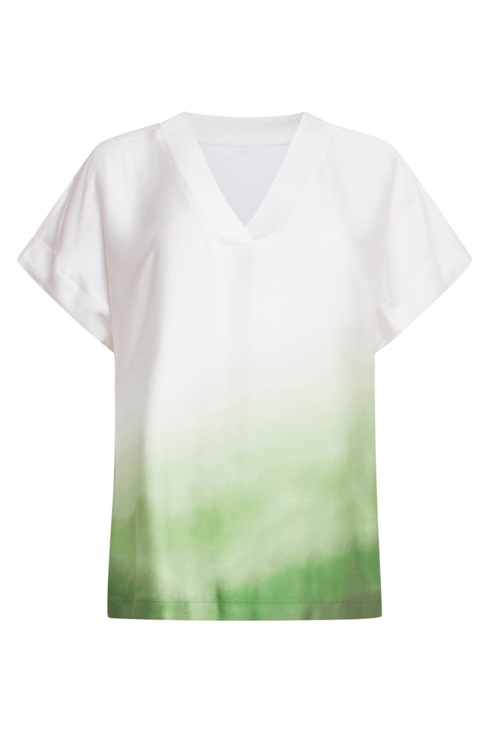 25023 Loose Fit V-Paneel Top Met Ombre Print | Off White-Light Green