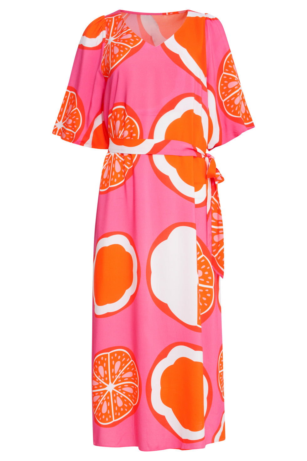 25028 V-Neck Midi Jurk Met Ballonmouwengrafisch Fruitprint | Pink-Multicolour