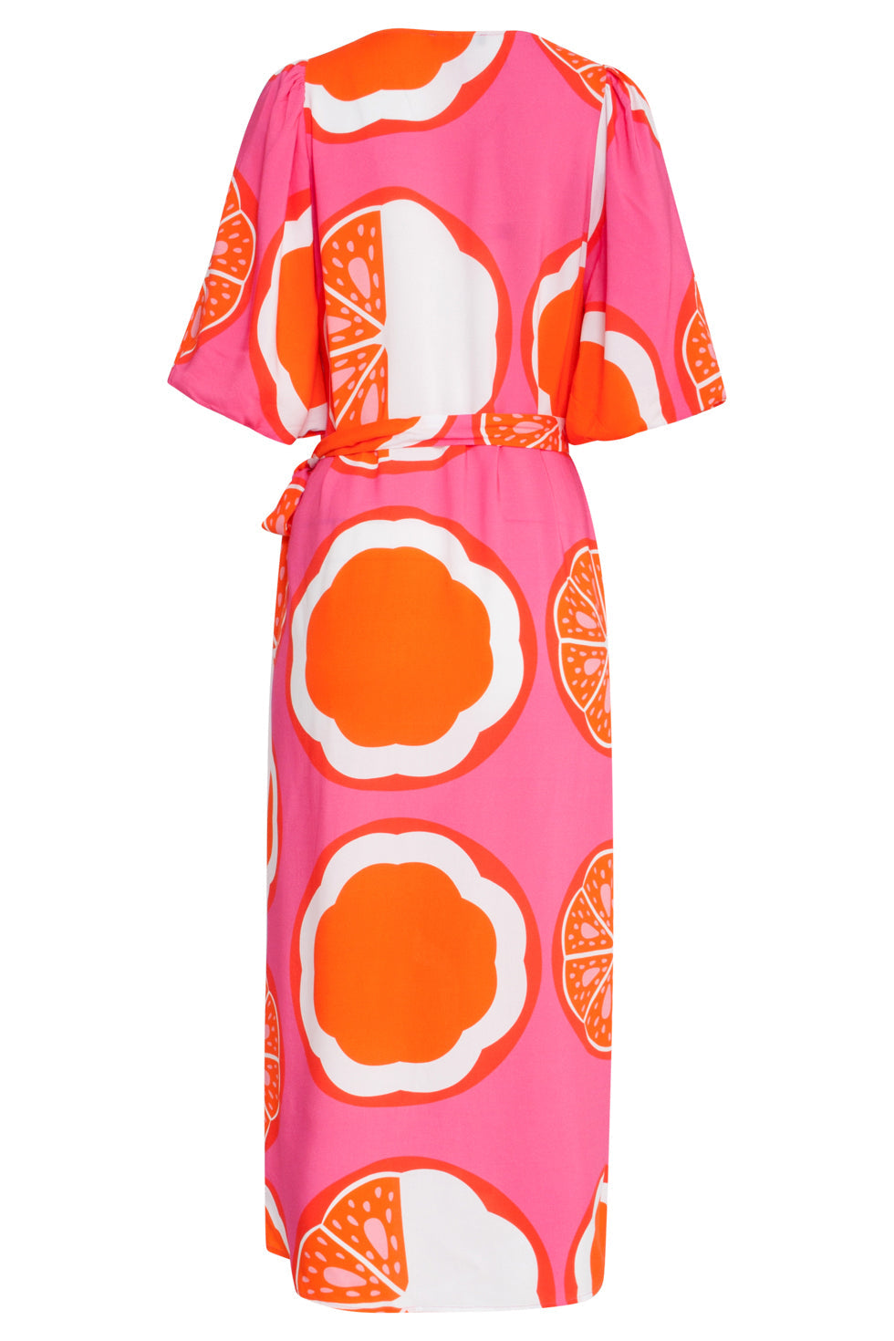 25028 V-Neck Midi Jurk Met Ballonmouwengrafisch Fruitprint | Pink-Multicolour