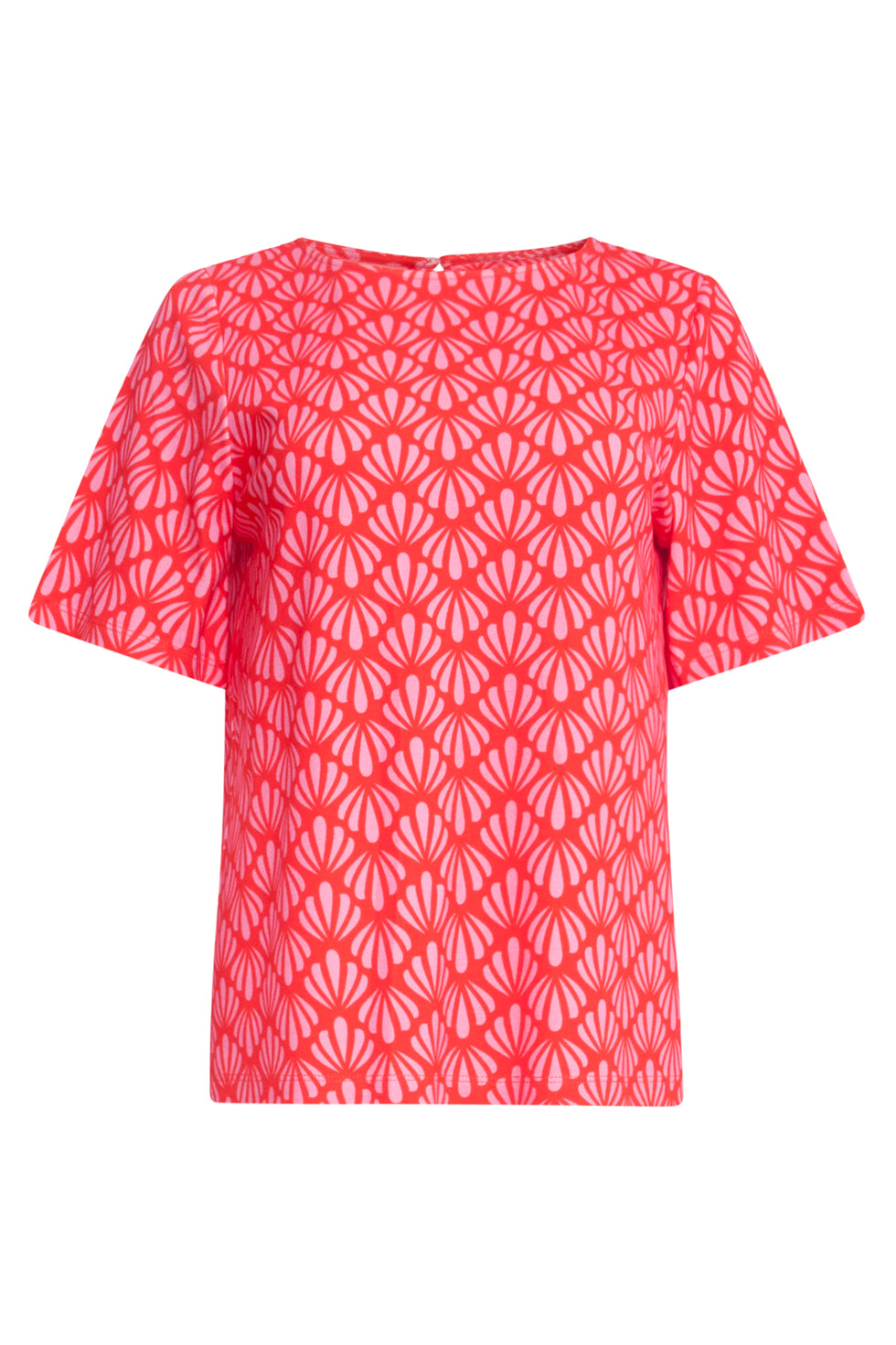 25040 Stretchy Rondhals Top Met Schelpprint | Red-Pink
