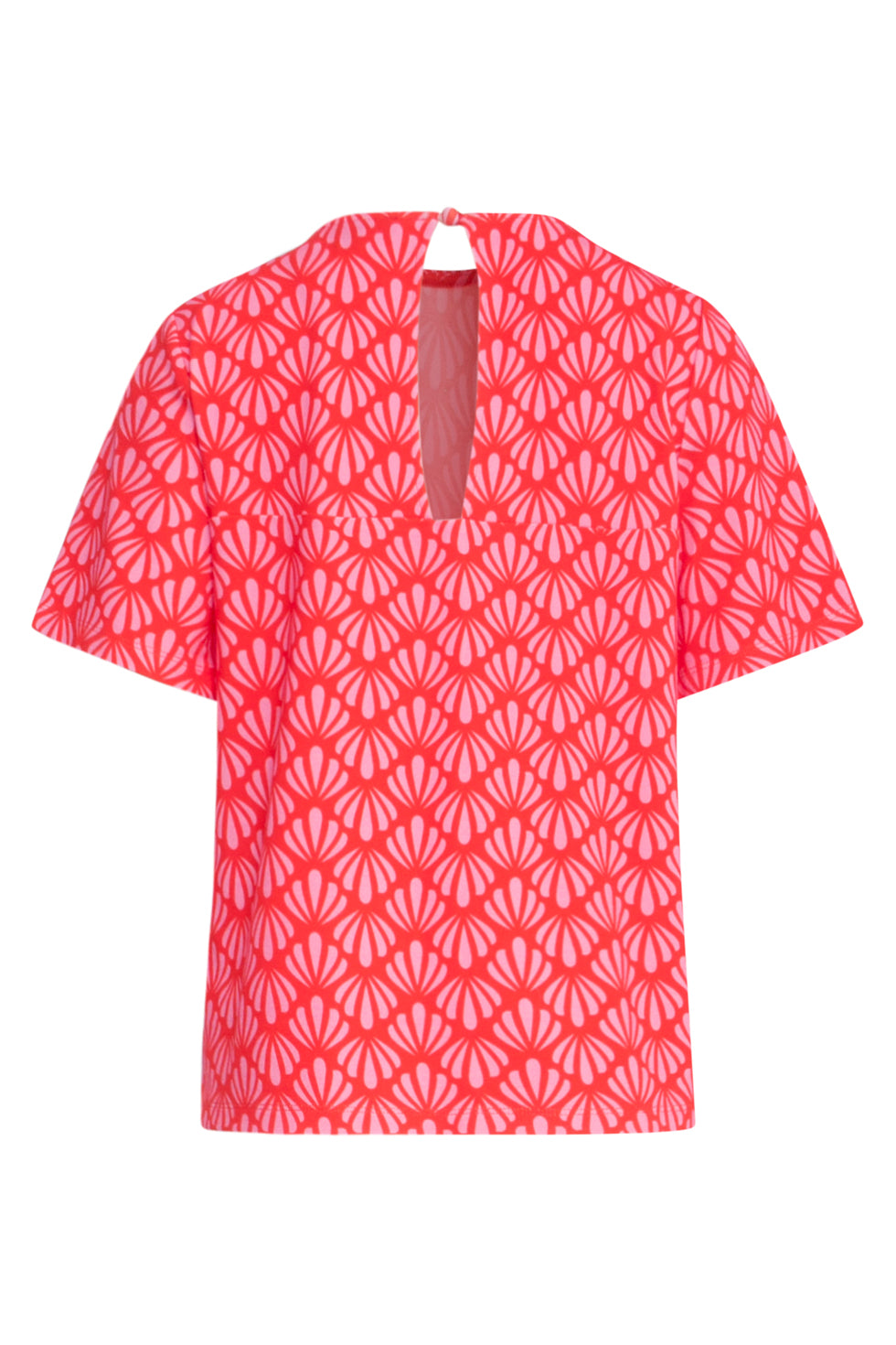 25040 Stretchy Rondhals Top Met Schelpprint | Red-Pink