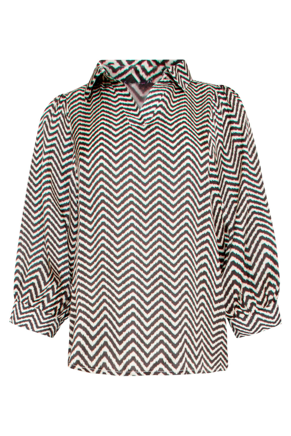 25049 Zigzag Print Top Met Kraag3/4 Puff Mouwen | Offwhite-Black