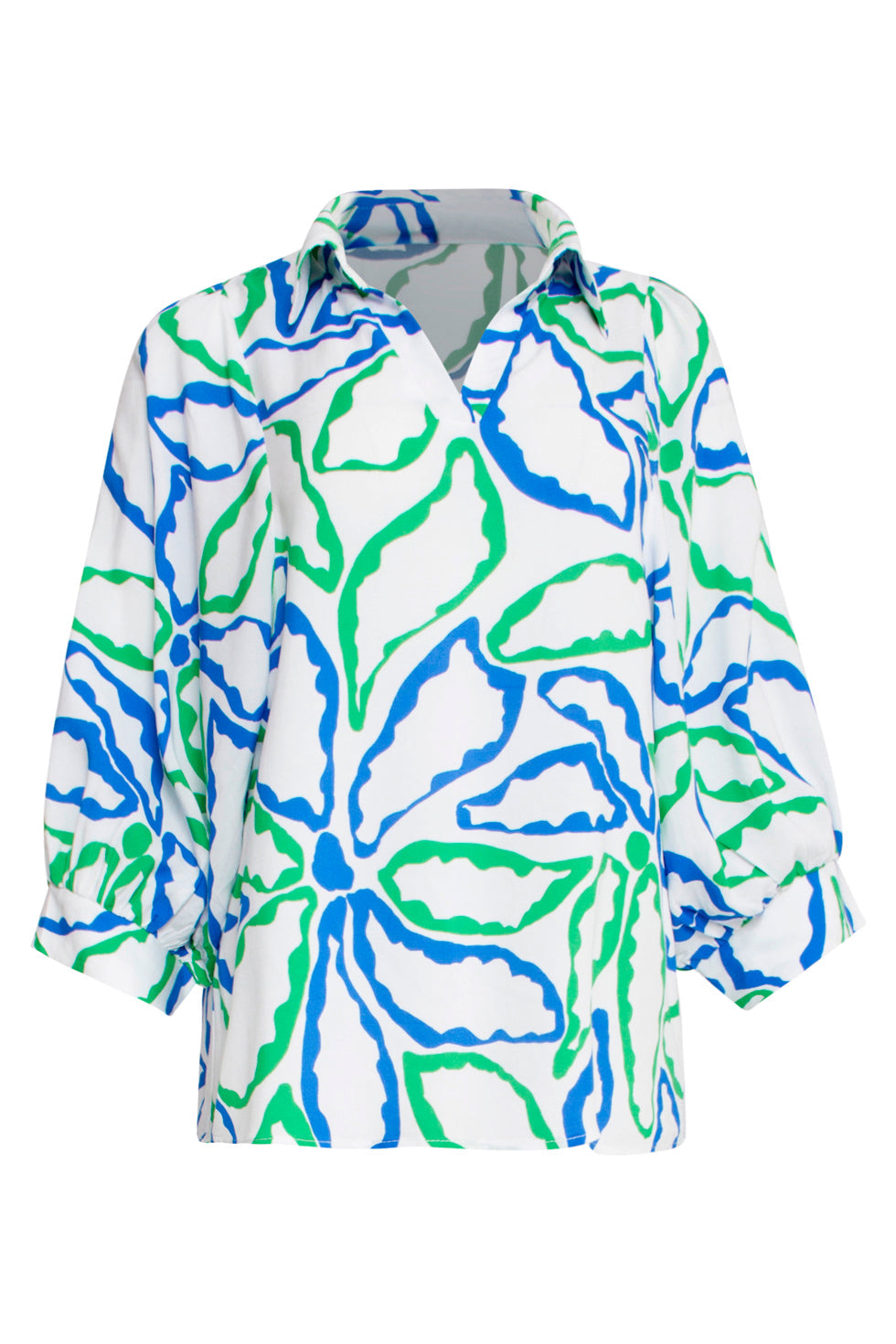 25053 Te Top Met V-Halskobalt Bloemenprint | Cobalt-Green