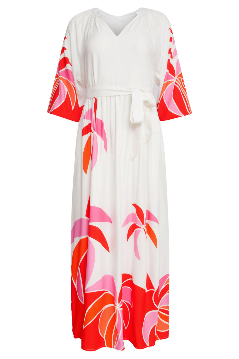 25058 Off White Flowy Maxi Jurk Met Helder Palm Print | Red-Multicolour