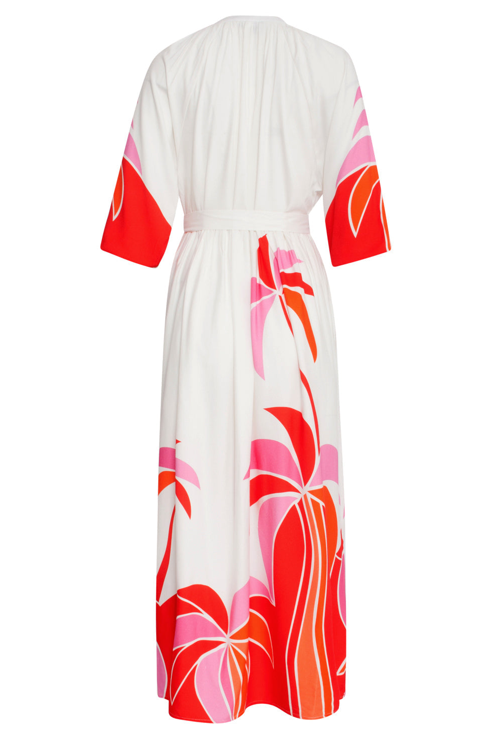 25058 Off White Flowy Maxi Jurk Met Helder Palm Print | Red-Multicolour