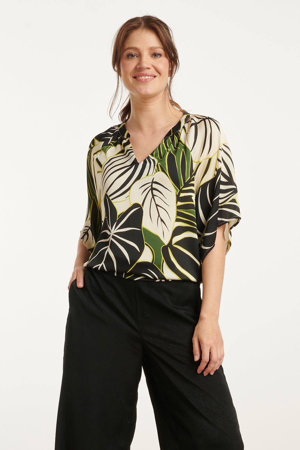 25071 Leaf Print Chiffon Top Met V-Halsflared Mouwen | Green-Multicolour