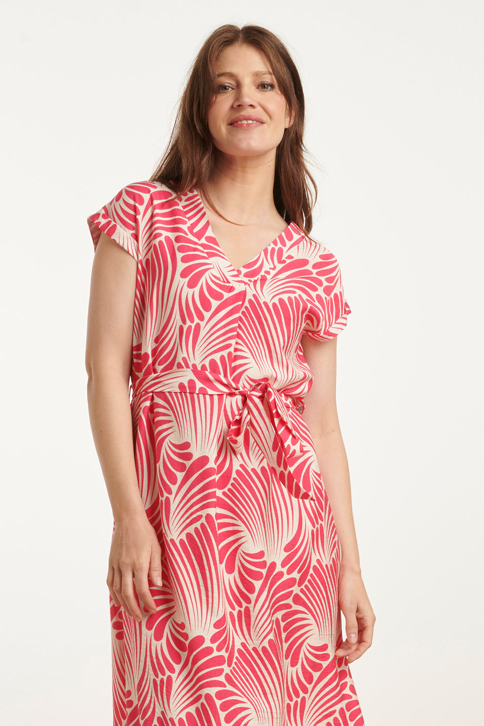 25072 Midi Jurk Met Grafische Print | Pink-White