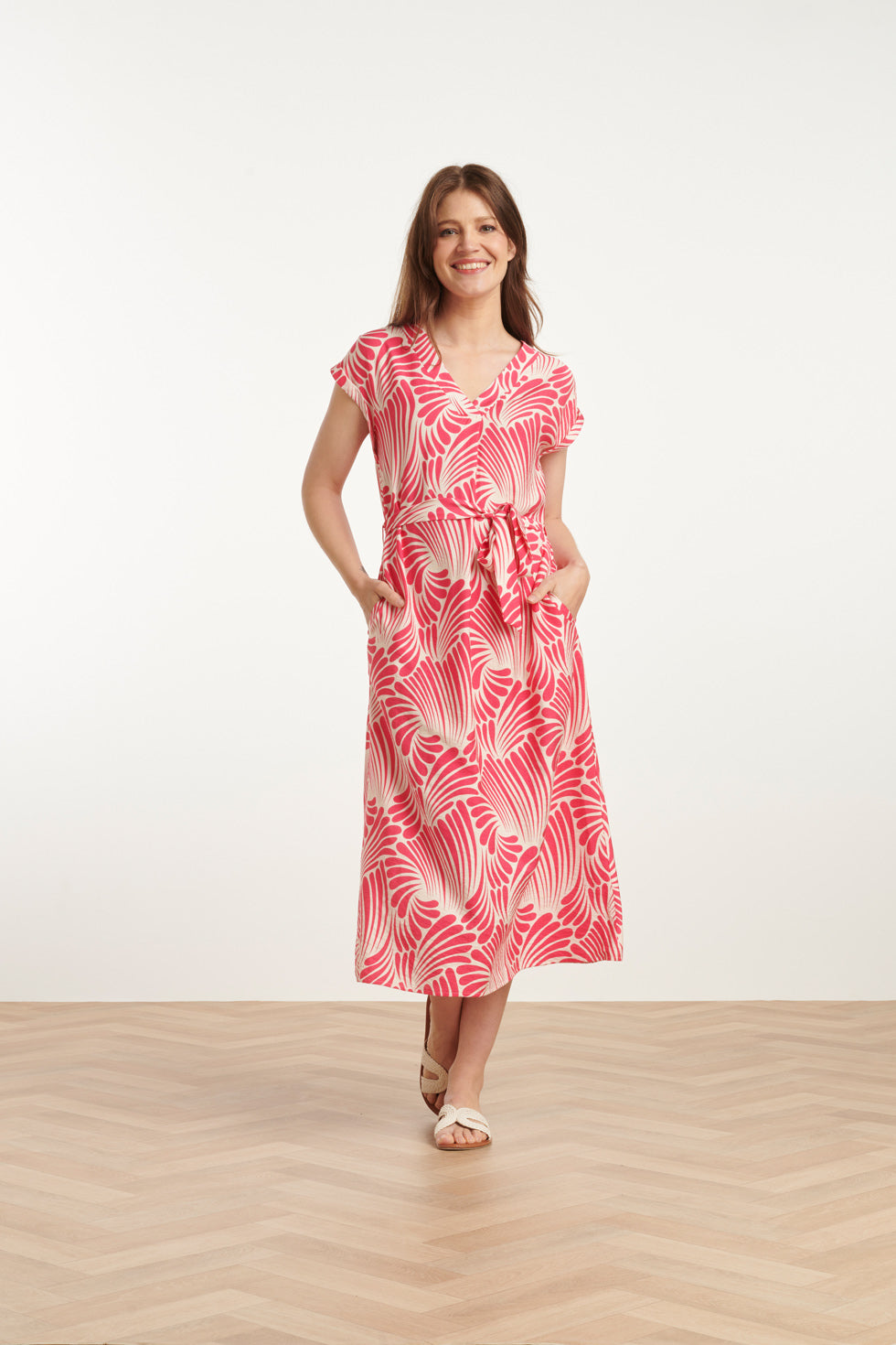 25072 Midi Jurk Met Grafische Print | Pink-White