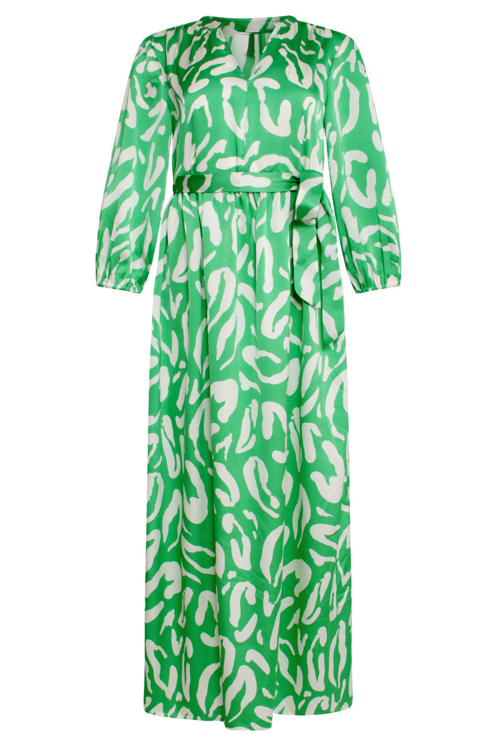 25082 Satin Maxi Jurk Met Te Dierenprint | Green - White