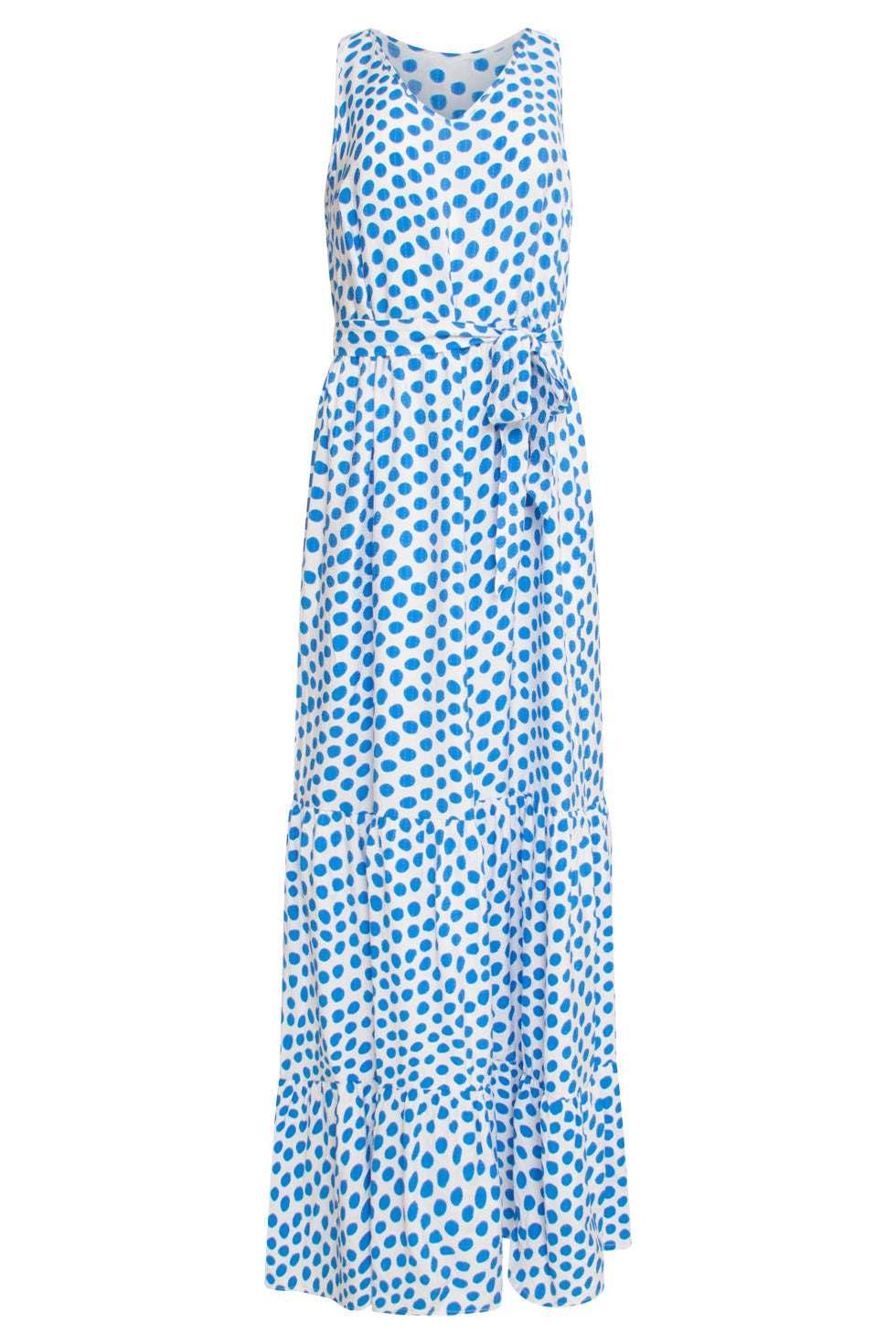 25084 Maxi Jurk Met Kobalt Polka Dot Print | White - Cobalt