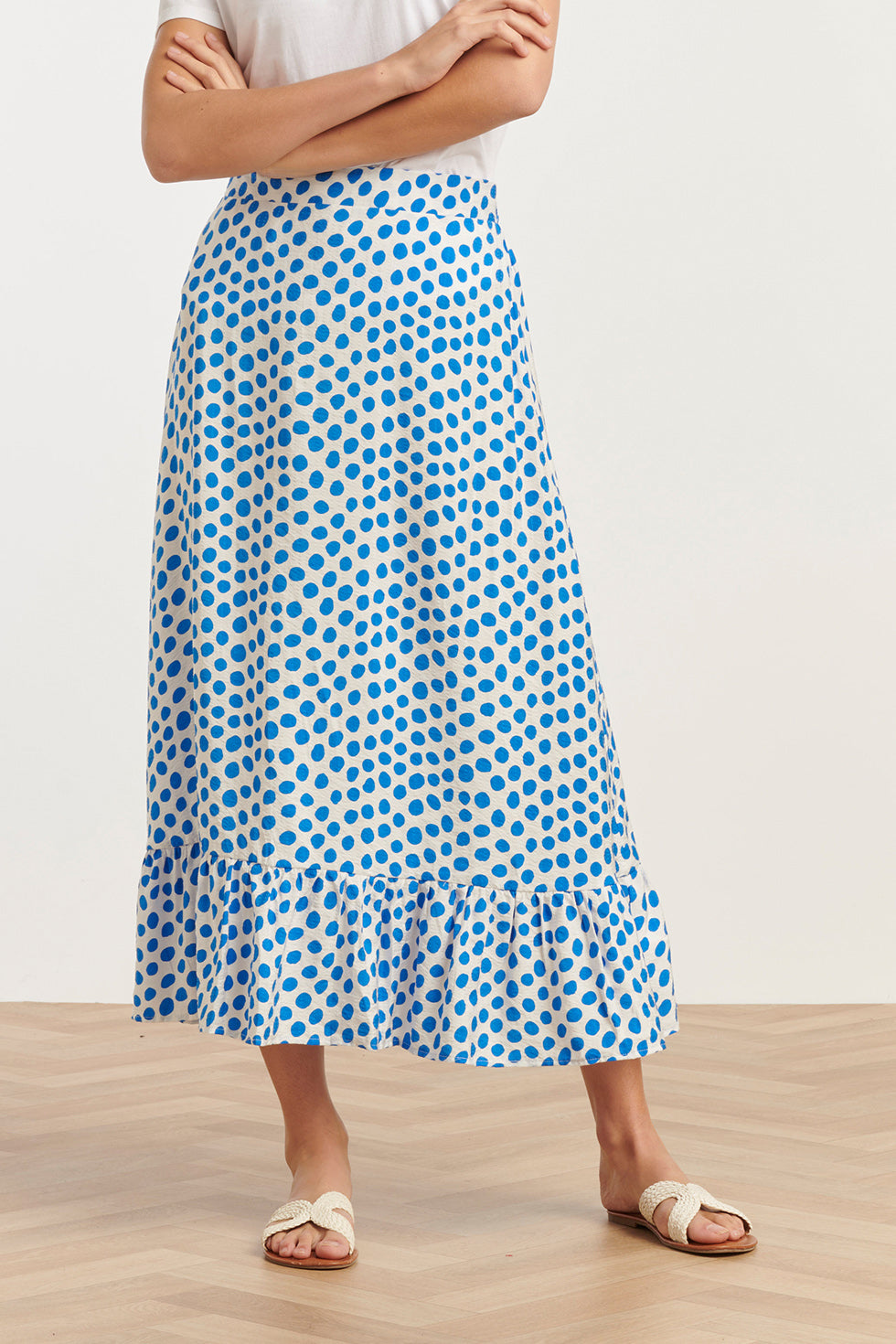 25085 Zomer Maxi Rok Met Polkadots | White - Cobalt
