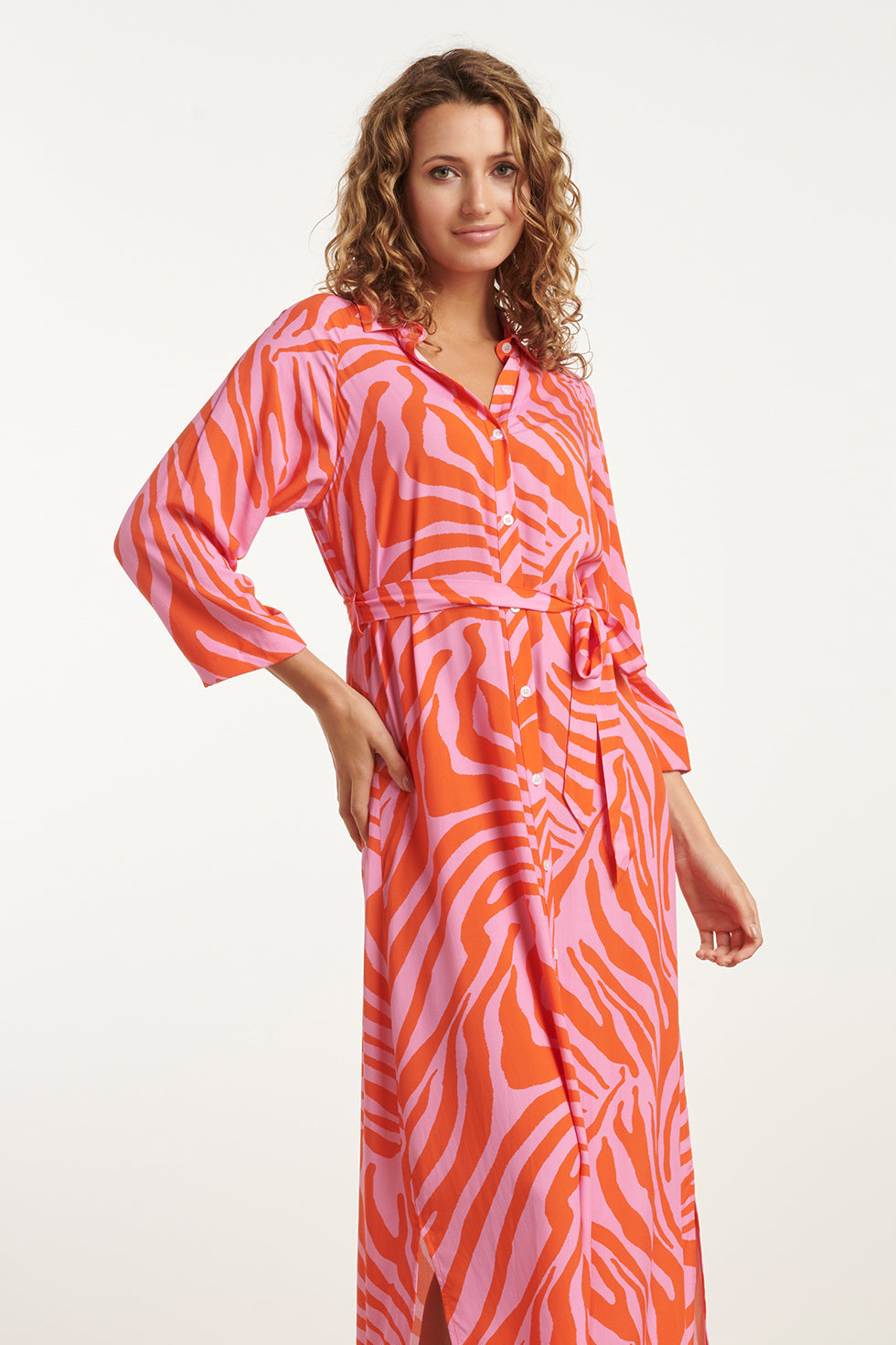 25086 Summer Maxi Shirt Jurk Met Dierenprint | Pink-Orange