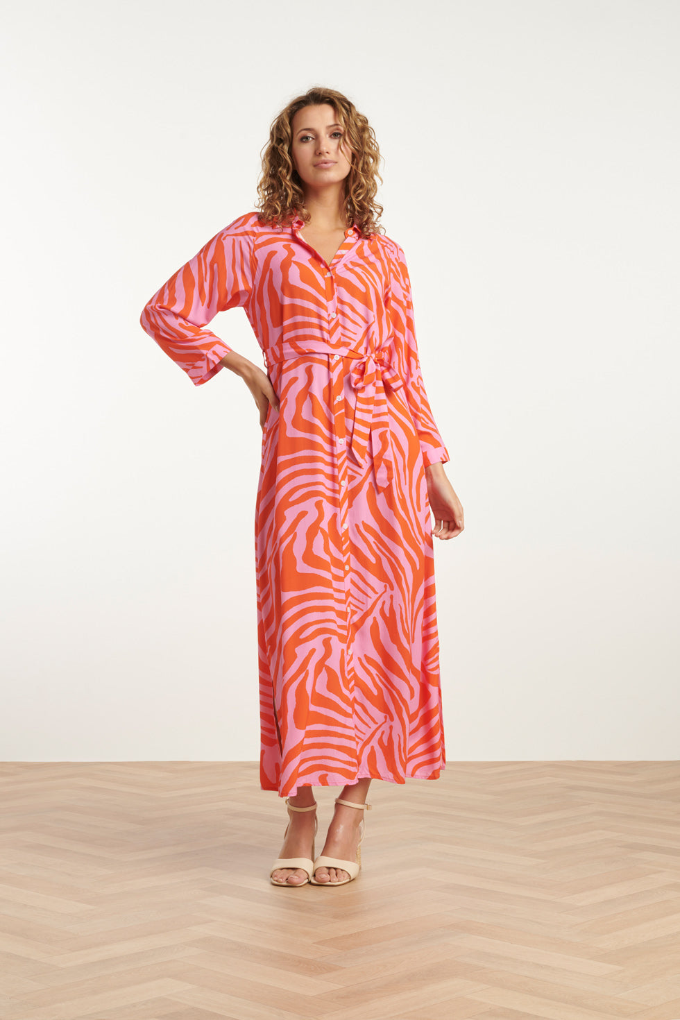 25086 Summer Maxi Shirt Jurk Met Dierenprint | Pink-Orange