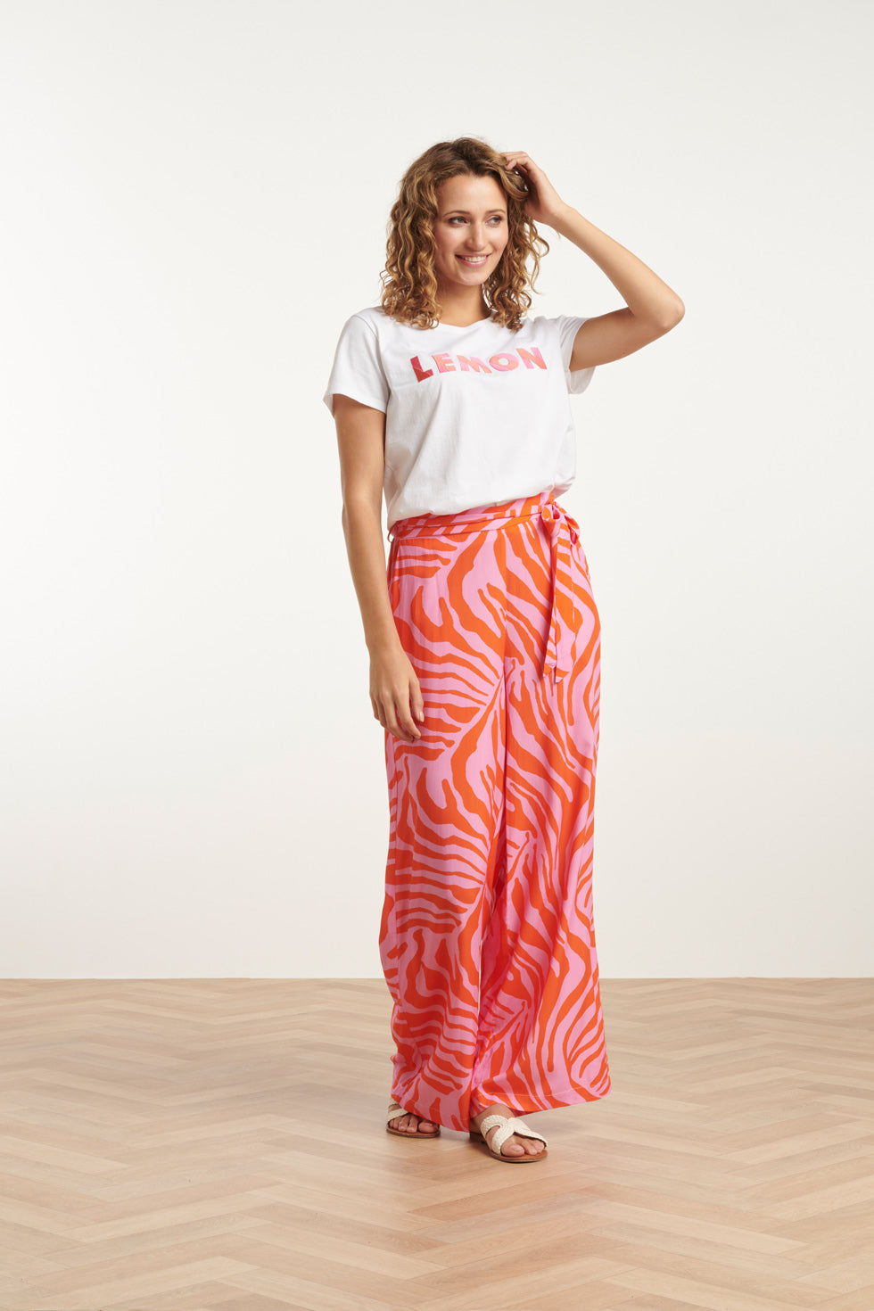 25087 Wide Pants Met Dierenprint | Pink-Orange
