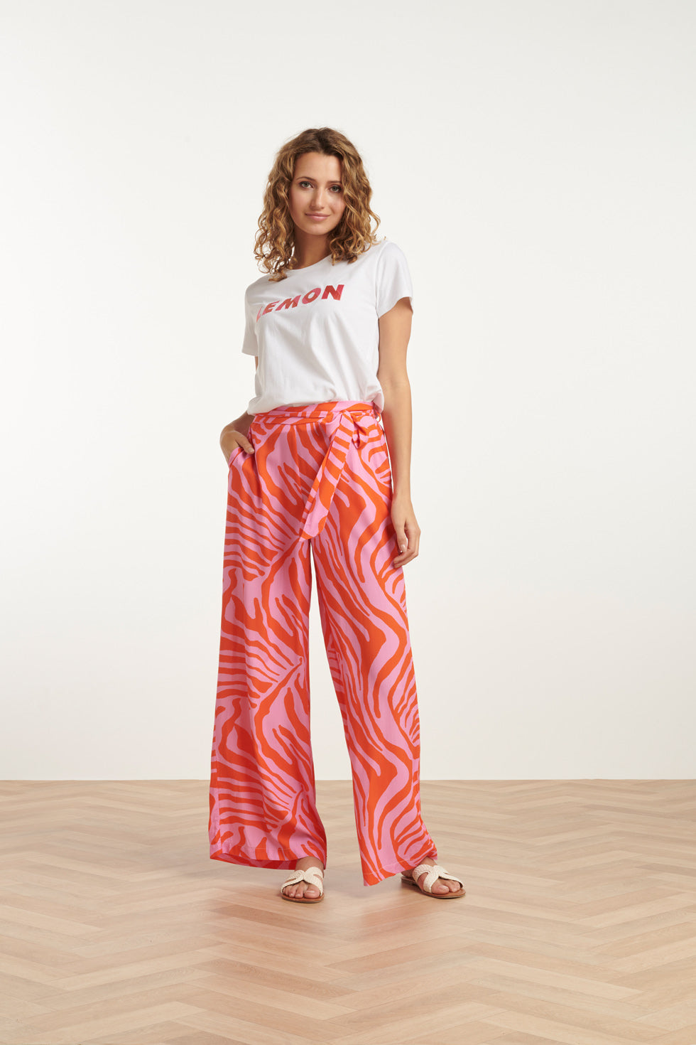 25087 Wide Pants Met Dierenprint | Pink-Orange