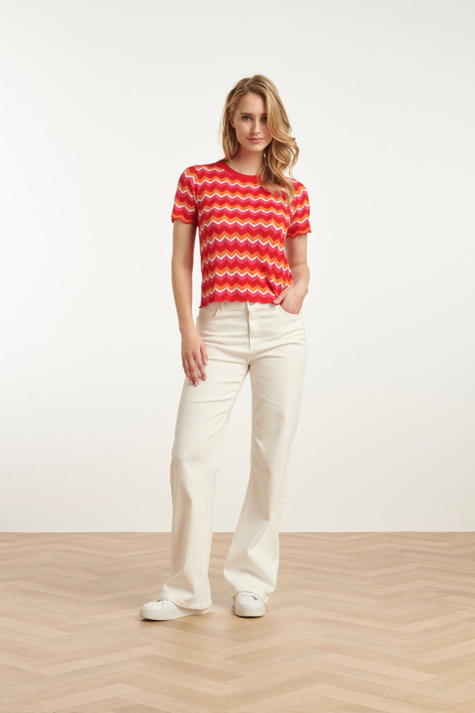 25097 Multicoloured Zigzag Knitted Top | Red-Multicolour