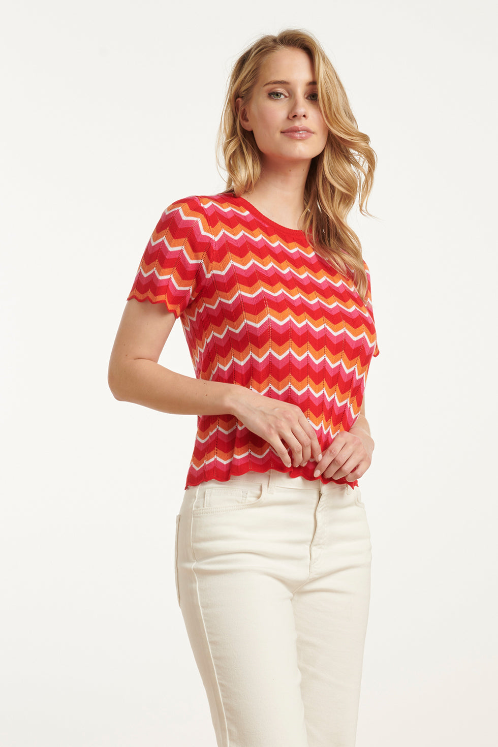 25097 Multicoloured Zigzag Knitted Top | Red-Multicolour