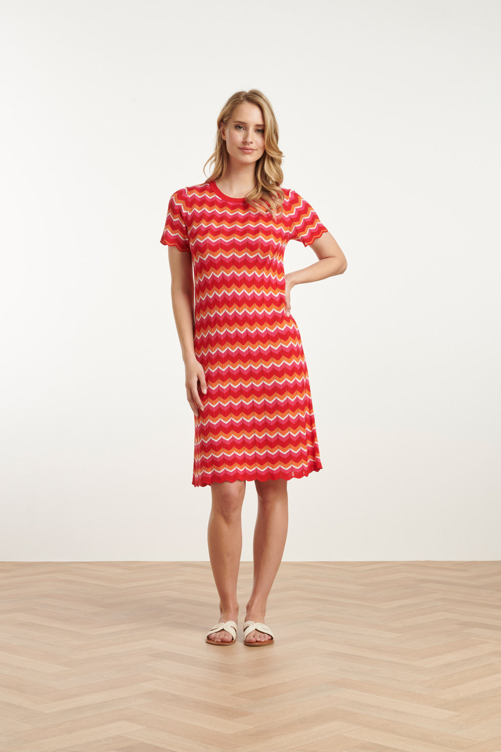 25098 Multicoloured Zigzag Knitted Jurk | Red-Multicolour