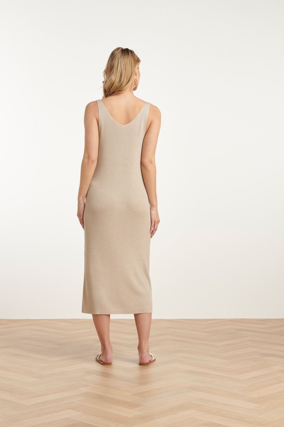 25106 Lurex Gebreide Strappy Midi-Jurk | Sand