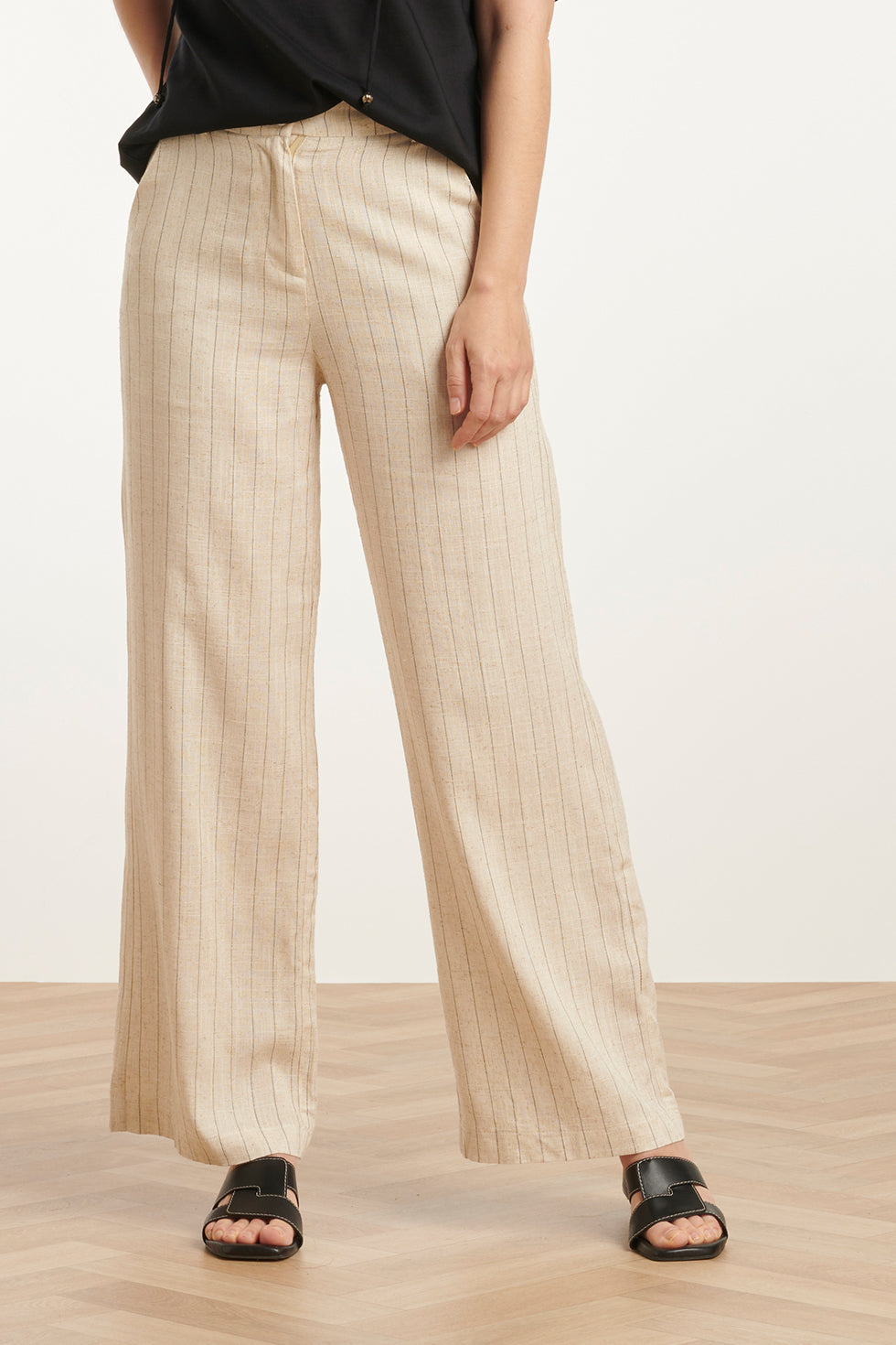 25127 Pinstriped Linnen Trousers | Sand-Black