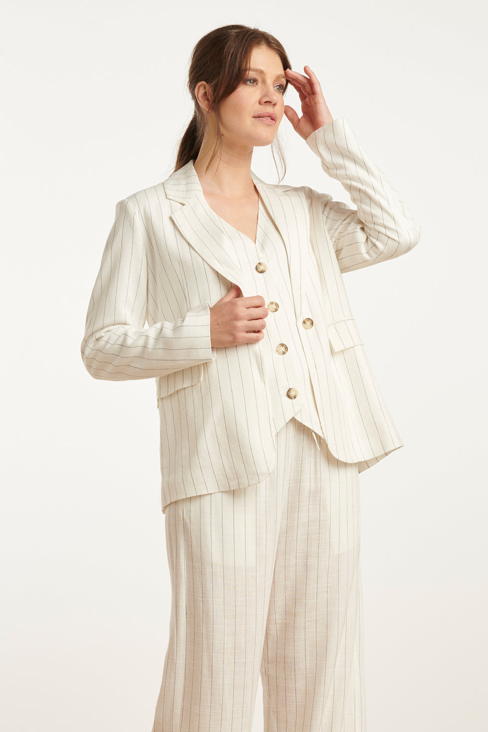 25130 Te Pinstripe Linnen Blazer | White-Black