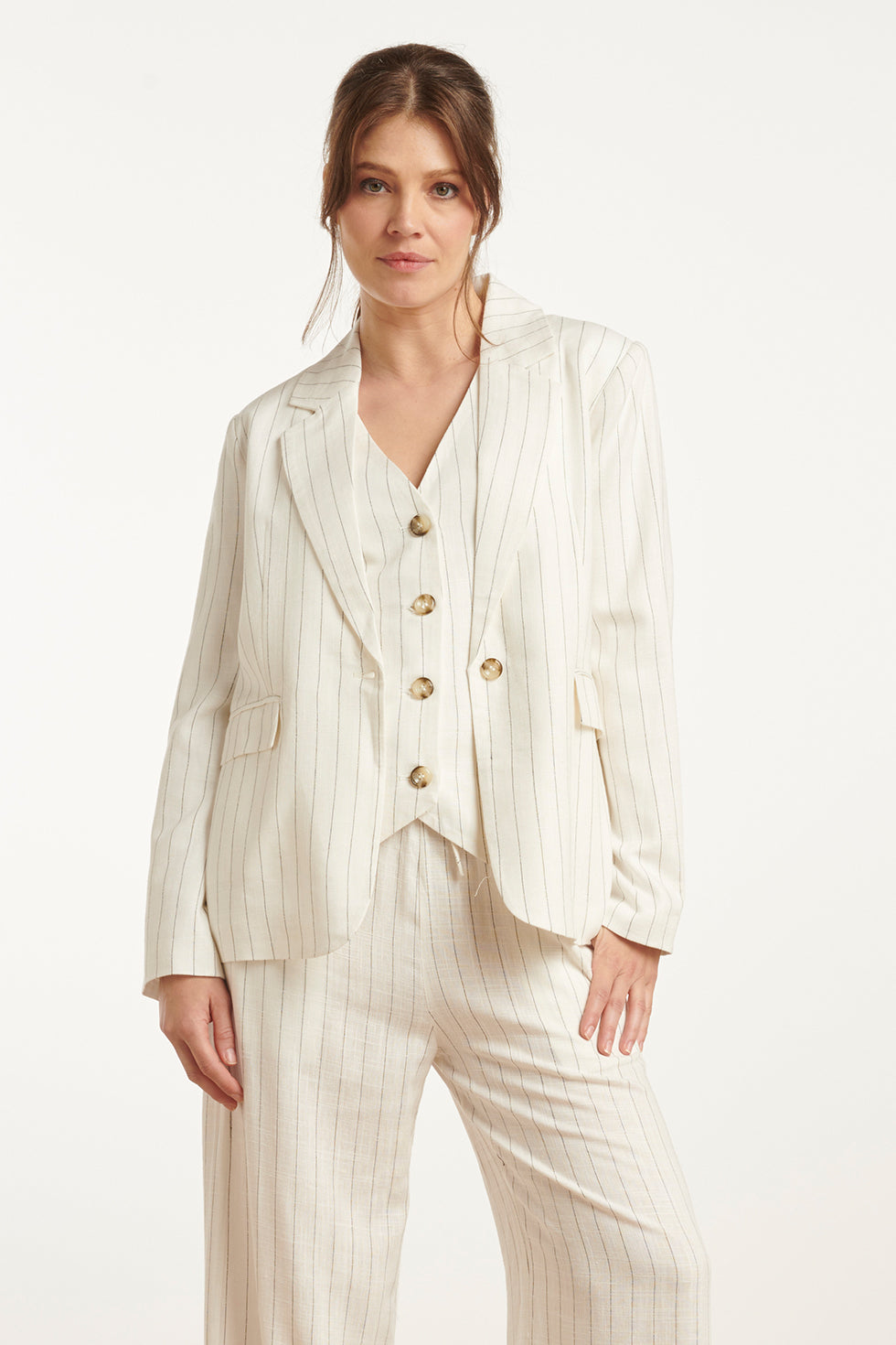 25130 Te Pinstripe Linnen Blazer | White-Black