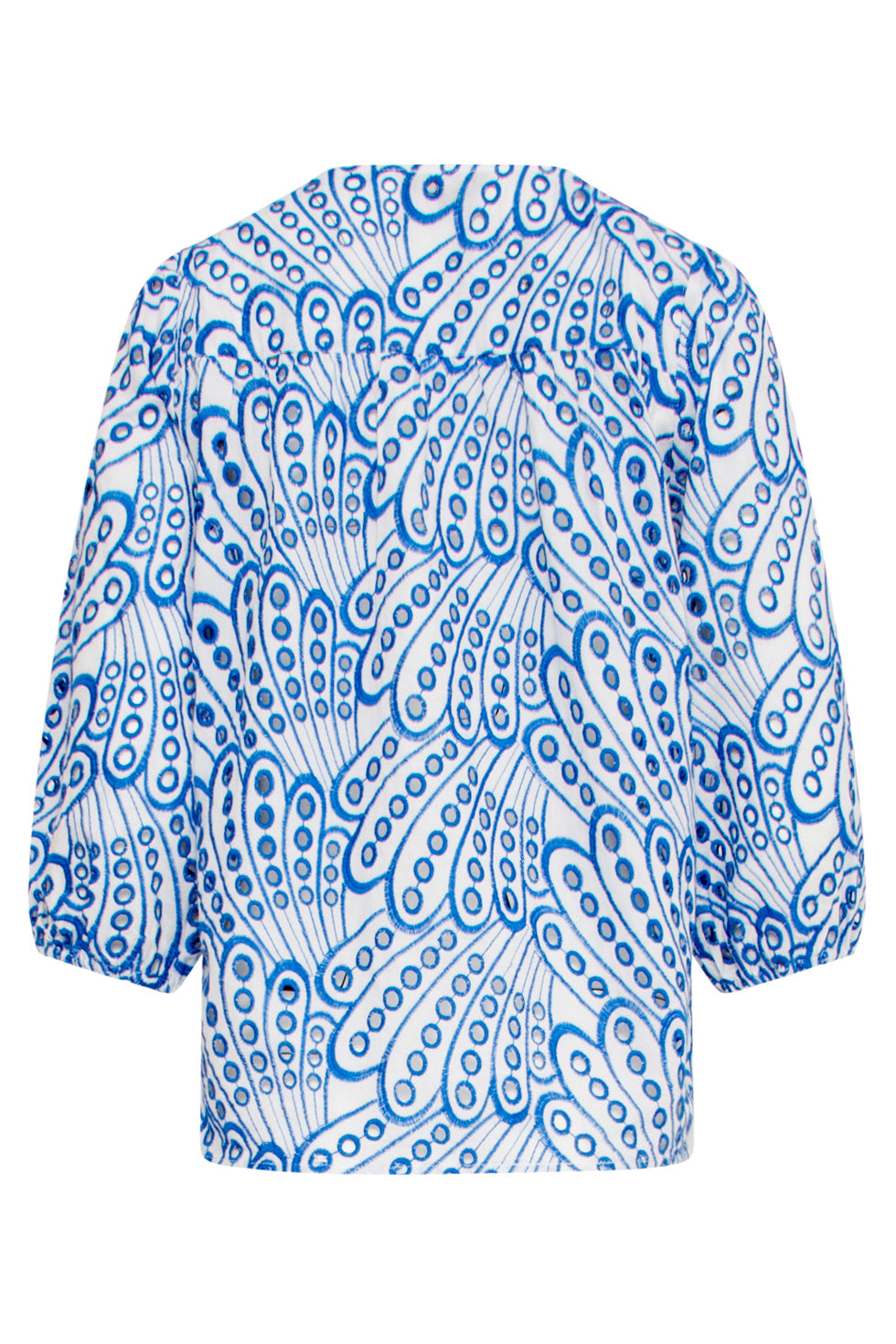 25136 Broderie Anglaise Top Met V-Hals En 3/4 Mouwen – | Cobalt Blue-White
