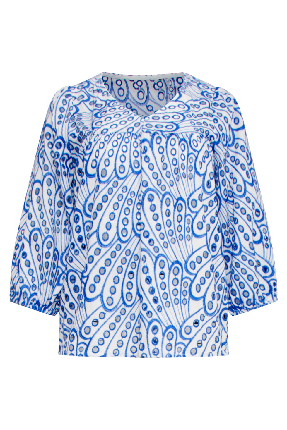 25136 Broderie Anglaise Top met V-Hals en 3/4 Mouwen – Smashed Lemon | cobalt blue-white