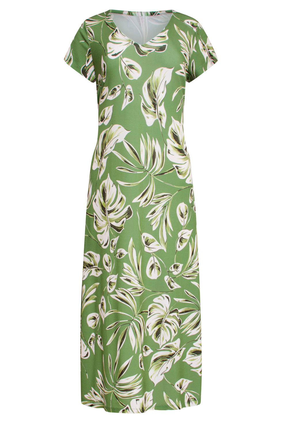 25159 Leaf Print Stretch Midi Jurk | Army-Light Green