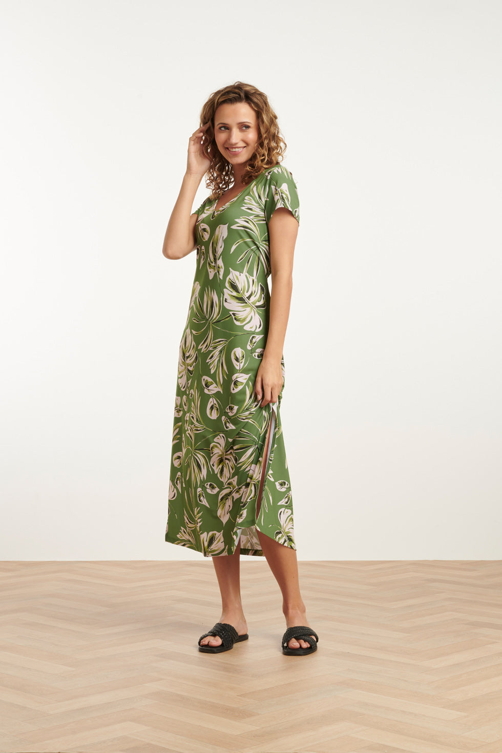 25159 Leaf Print Stretch Midi Jurk | Army-Light Green