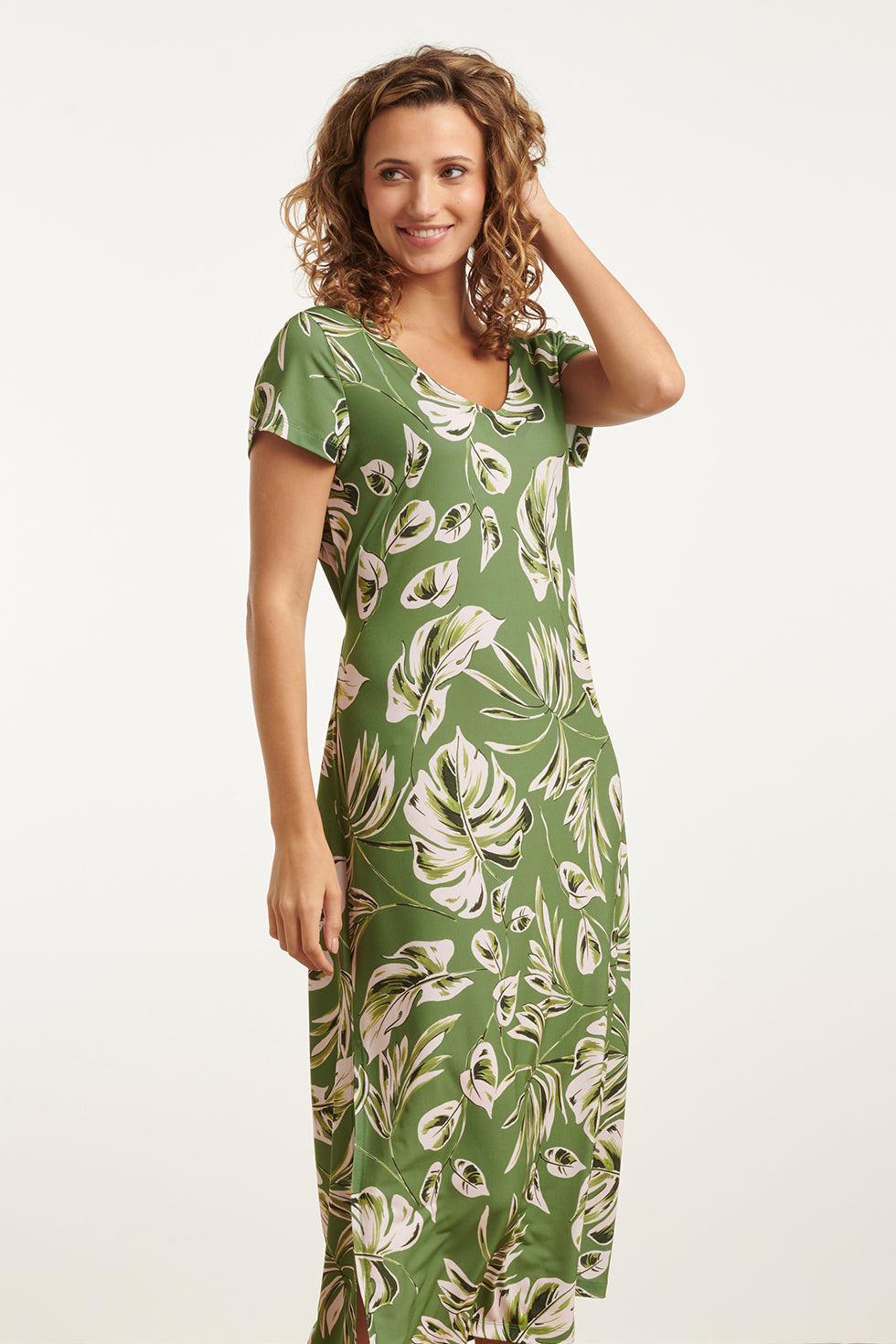 25159 Leaf Print Stretch Midi Jurk | Army-Light Green