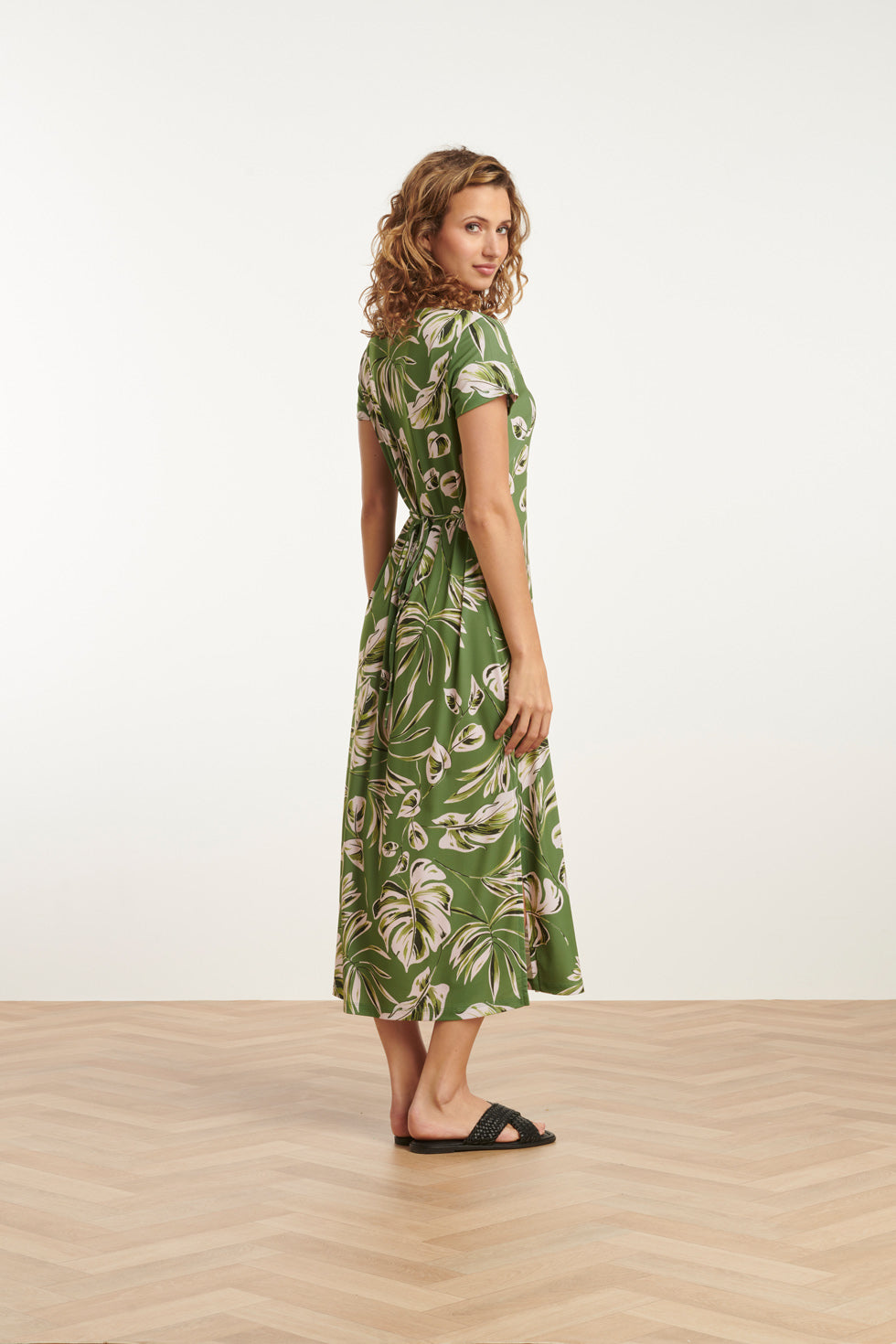25159 Leaf Print Stretch Midi Jurk | Army-Light Green
