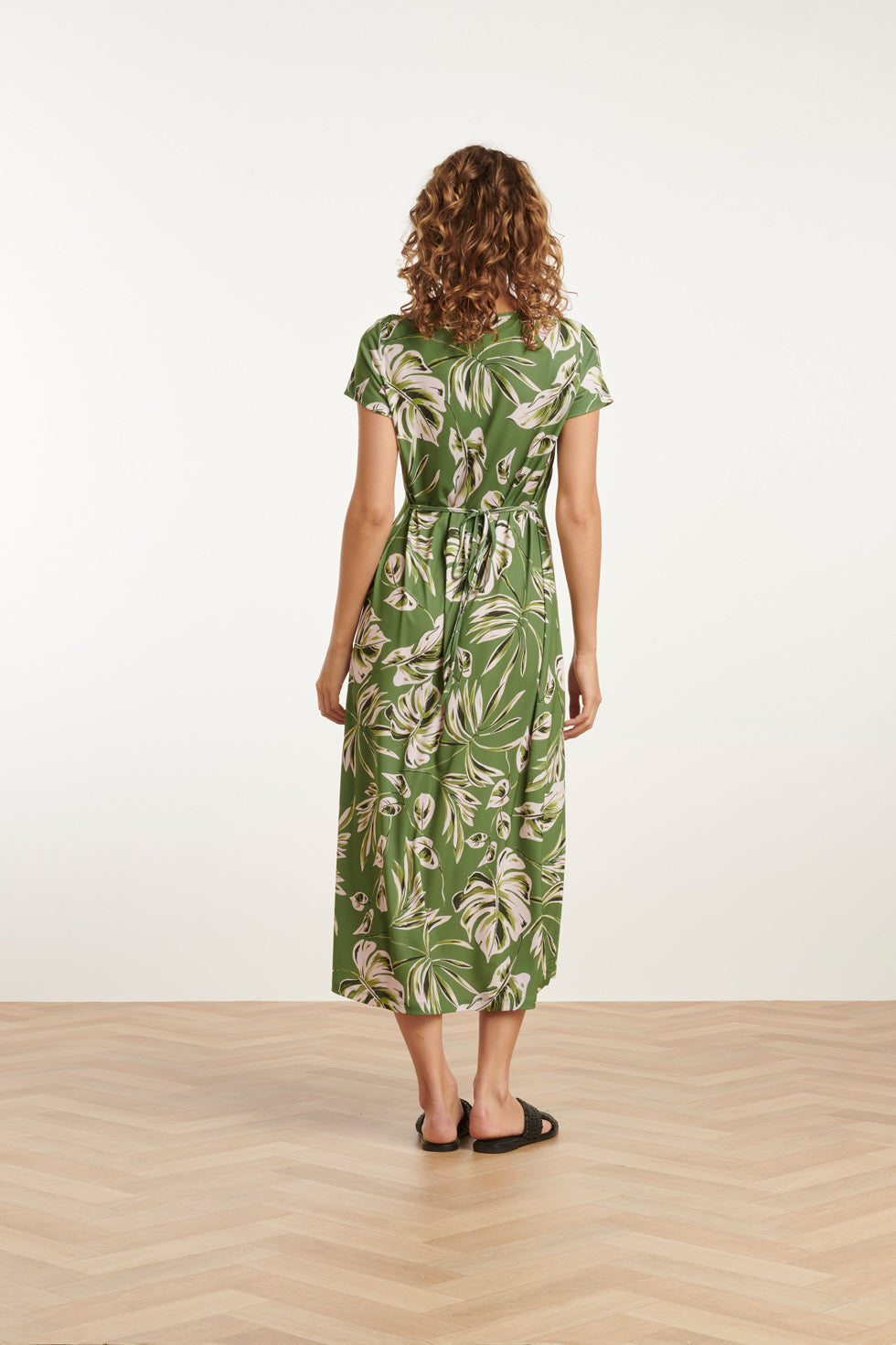 25159 Leaf Print Stretch Midi Jurk | Army-Light Green