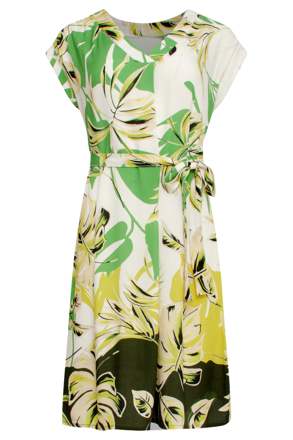 25162 Off White Bladprint Jurk Met V-Hals | Army-Light Green