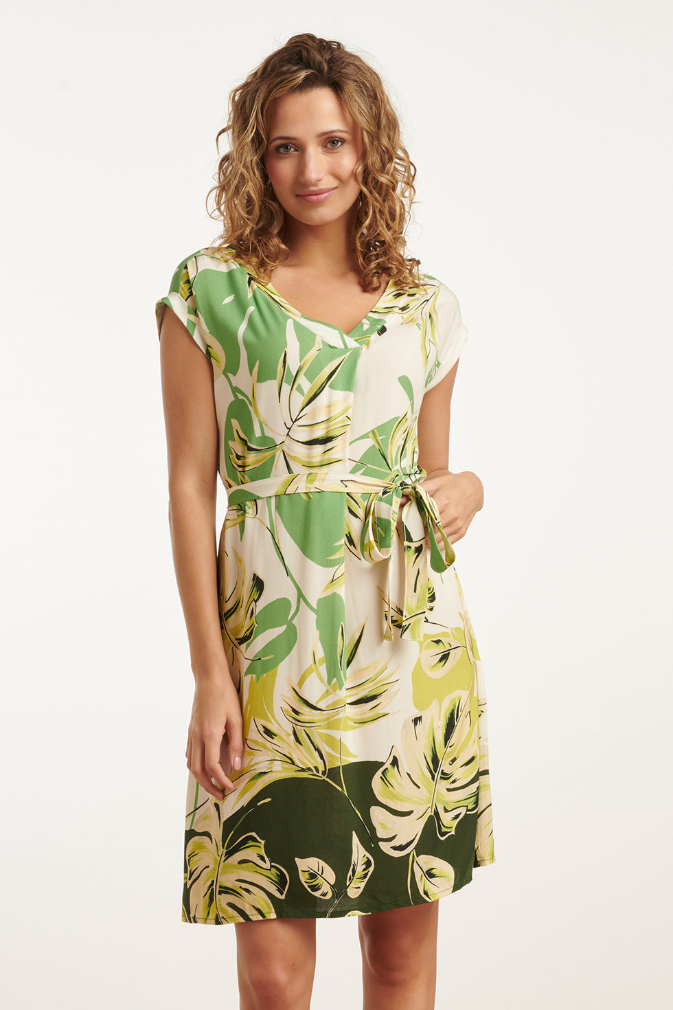 25162 Off White Bladprint Jurk Met V-Hals | Army-Light Green