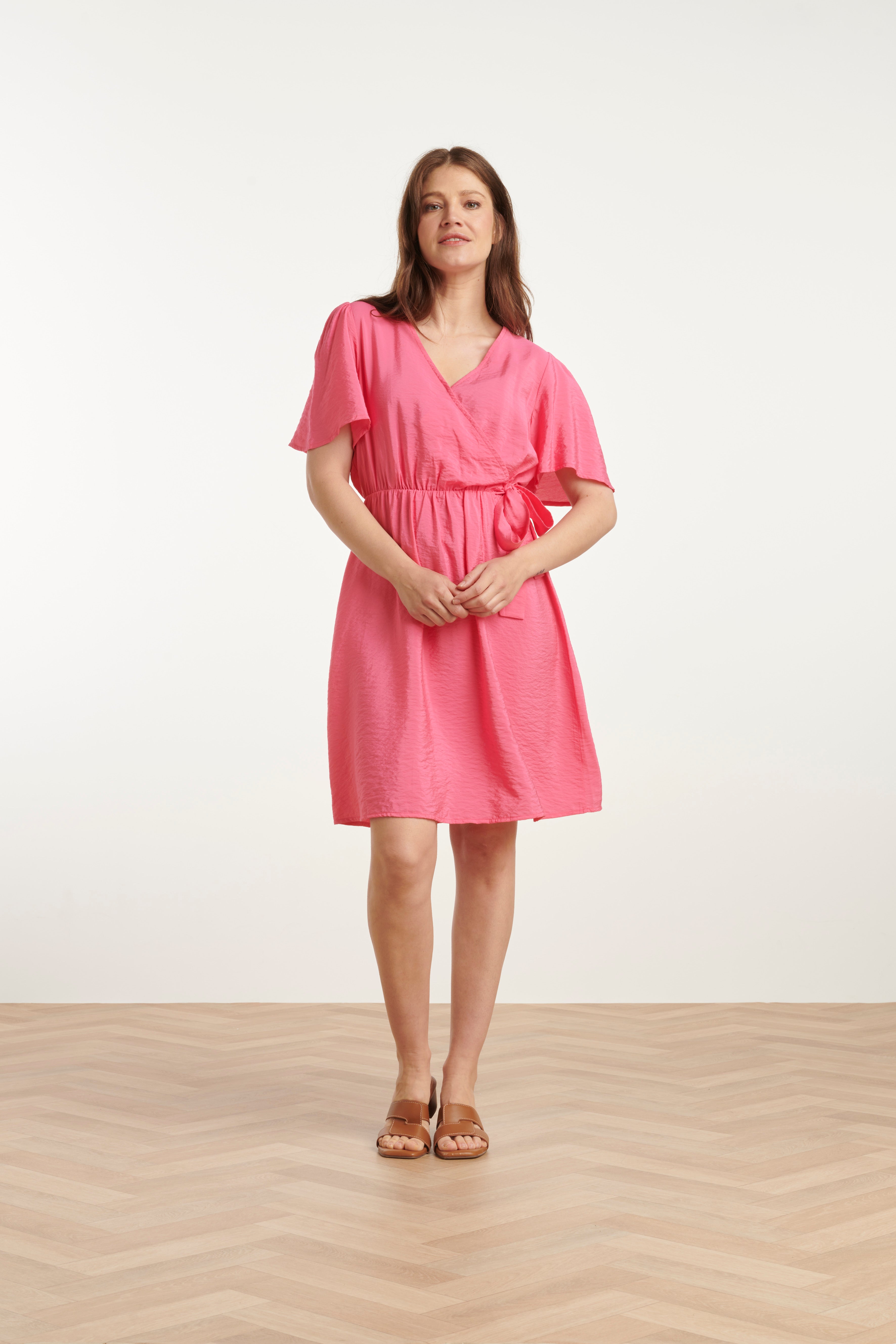 25170 Fuchsia Zomerjurk Met Overlap V-Hals | Pink