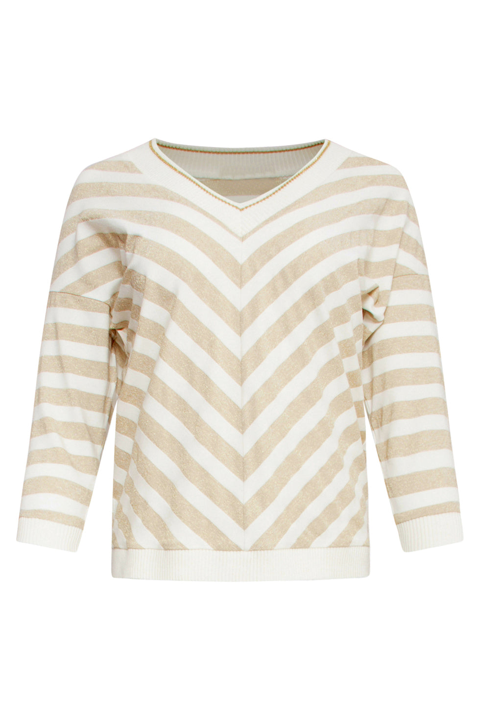 25180 Off White Top Met Chevron Streepprint | Off White-Gold